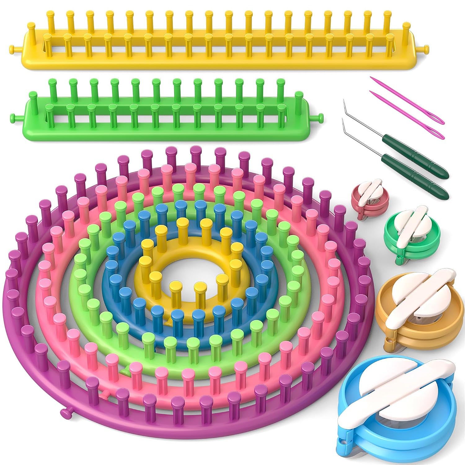 READAEER Knitting Loom Kit with Pompom Maker, Round Knitting Loom for Hat, Rectangular for Blanket Scarf Shawl, Knitting Loom