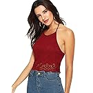 Romwe Women's Summer Halter Scallop Hollow Hem Tank Camis Crop Top Vest Red Medium