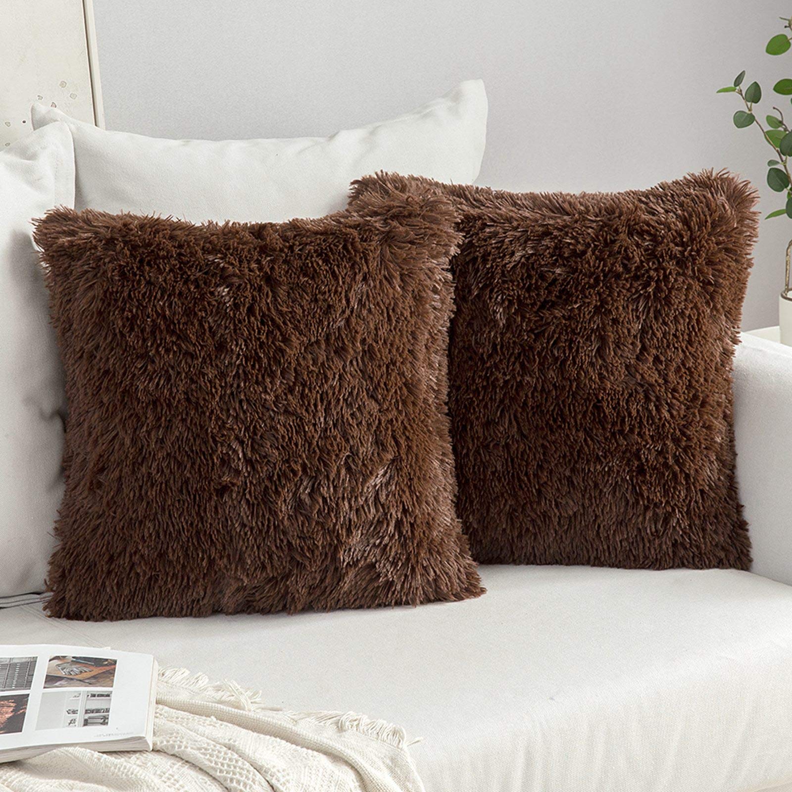 MIULEE Faux Fur Cushion Covers Fluffy Throw Pillow Case Soft Decorative Square Cute Pillow Plush Case For Livingroom Sofa Bedroom 16 x 16 Inch 40 x 40 cm Chocolate Pack of 2