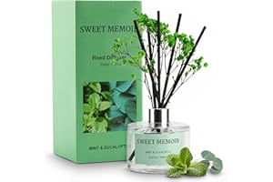 Sweet Memoir Essential Oil Reed Diffuser Set, Mint & Eucalyptus, Decorative Bottle, Preserved Flowers and Diffusing Sticks, Soft Aromatherapy Gift for Home or Office Decor, 200 mL Liquid Fragrance
