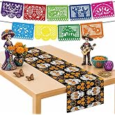 Dia De Los Muertos Decorations - Sugar Skull Table Runner with Banner | Day of the Dead Papel Picado Banner Backdrop Decor | Dia De Los Muertos Party Favors Supplies Accessories for Indoor Outdoor