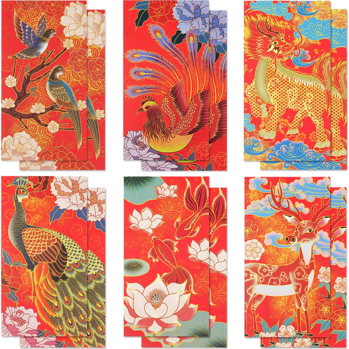 Red Envelopes Chinese New Year, 12 Pack 6 Styles Lucky Money Envelopes for Cash - 6.6 x 3.5inches, Peacock Dragon Goldfish Design Hong Bao Chinese Red Pocket for Lunar New Year, Spring Festival