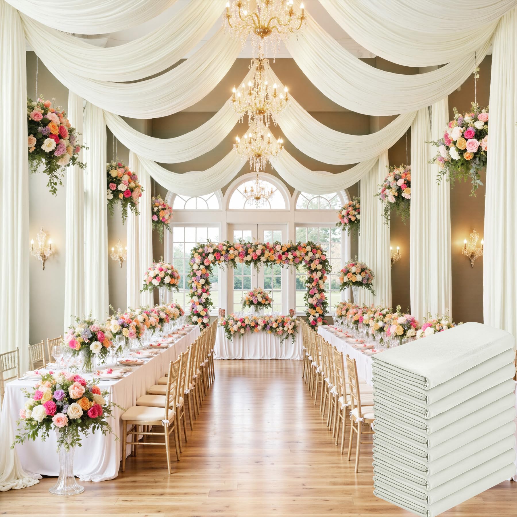 Photo 1 of 50 ft×20 ft Ivory Ceiling Curtain Drapes for Weddings Parties,Wrinkle Free Polyester Draping Fabric Ivory Cream Drapery for Party Tent Canopy Hotel Banquet Hall Ceiling Decor-10 Panels 5×20ft