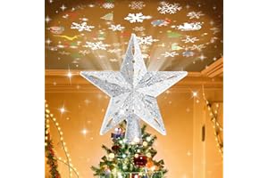 Mrrihand Christmas Tree Topper Lighted with 6 Projection Modes, Christmas Star Tree Topper Built-in LED Rotating Lights, Silver 3D Glitter Dynamic Projection for Christmas Tree Decorations