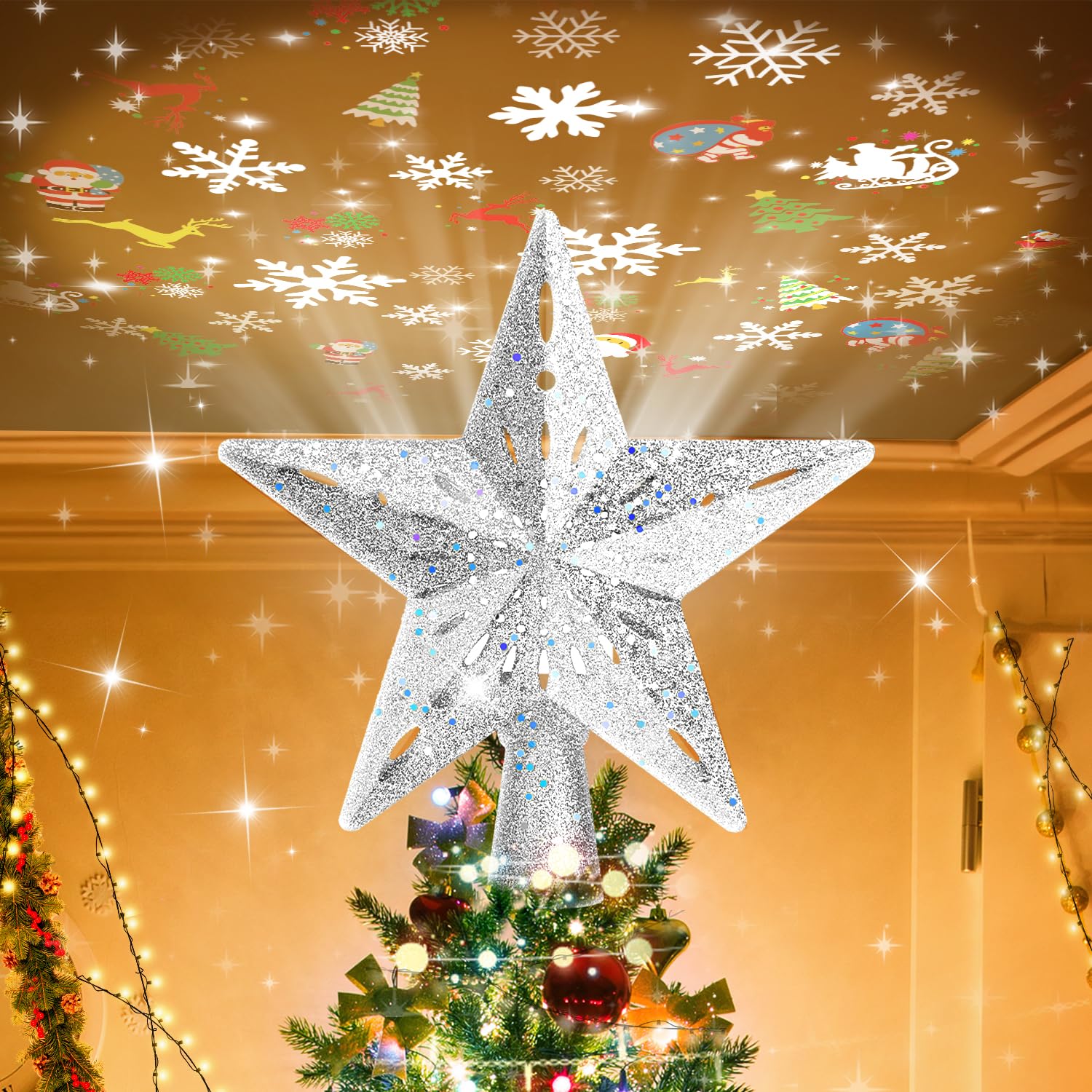 Photo 1 of *USED*
Mrrihand Christmas Tree Topper Lighted with 6 Projection Modes, Christmas Star Tree Topper Built-in LED Rotating Lights, Silver 3D Glitter Dynamic Projection for Christmas Tree Decorations