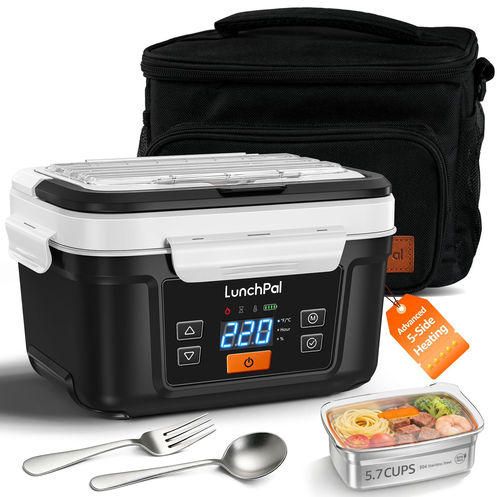 Photo 1 of Advanced Cordless Electric Heated Lunch Box, 5.7-Cup Portable Rechargeable Food Warmer with 220? 5-Side Heating, Smart Scheduled Heating & Keep Warm, Includes Insulated Bag, Design for Outdoor Work