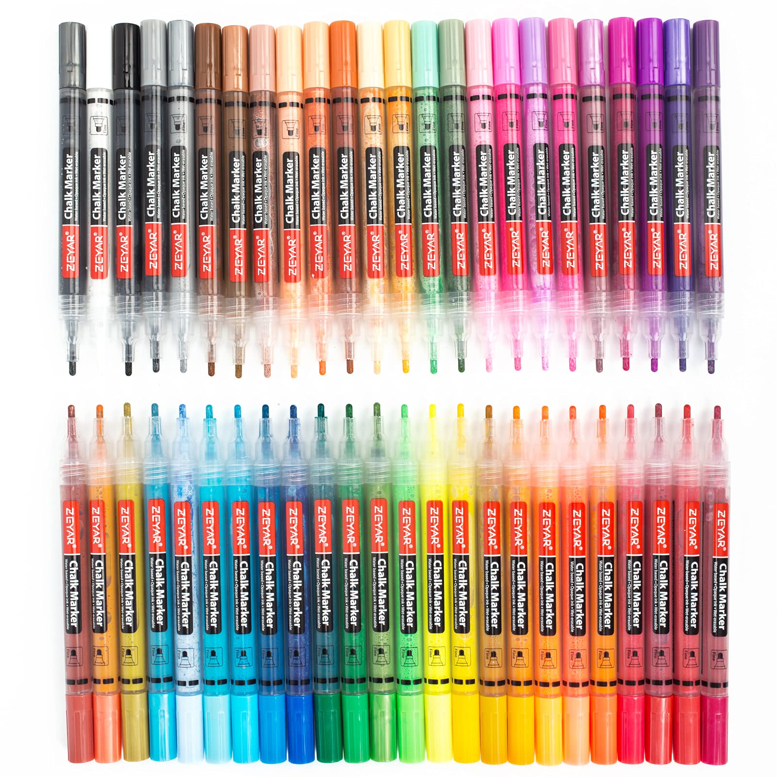 ZEYAR Liquid Chalk Marker, Wet Erase Marker, Water-Based Opaque Ink, Fine Tip for Detailed Drawing, Writes on Nonporous Chalkboards, Bistro Boards, Windows, Plastic and more (48 Full Colors)
