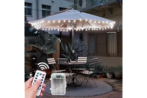HOLITS Patio Umbrella Lights Cordless LED Market Table Umbrella Lights with Remote Control Battery Operated Waterproof Parasol String Lights, Fits 6-7.5 Feet Diameter Outdoor Umbrella Décor (Cold White)