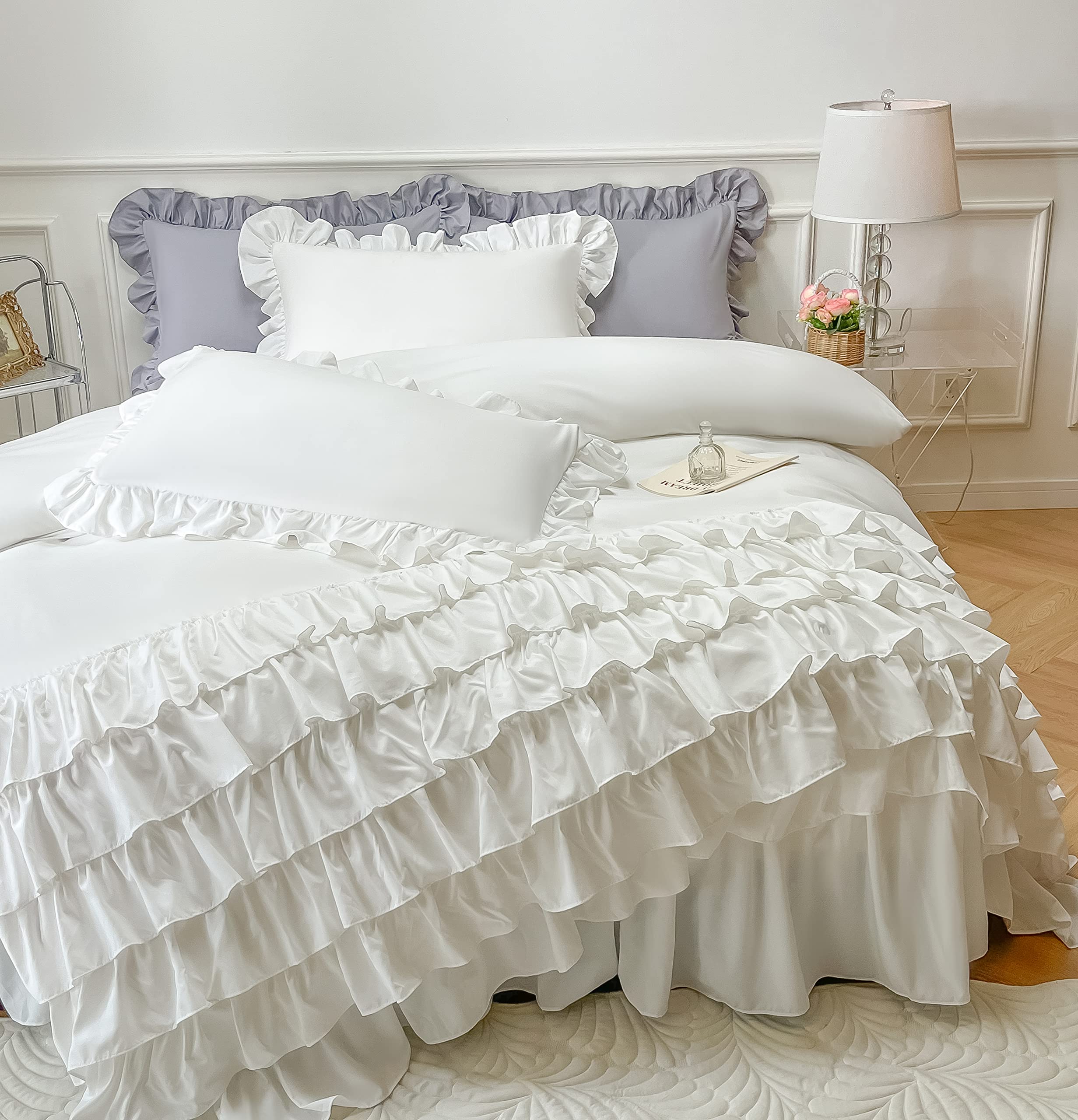 Photo 1 of MOOWOO Waterfall Ruffle Duvet Cover Queen 3 Piece Shabby Chic Bedding Solid Color Soft and Breathable with Zipper Closure & Corner Ties