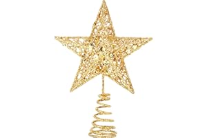 Blulu Christmas Star Tree Topper 6 Inch Glittered 3D Metal Star Treetop Topper Small Christmas Hollow Decoration for Xmas Holiday Party Decoration Indoor(Gold)