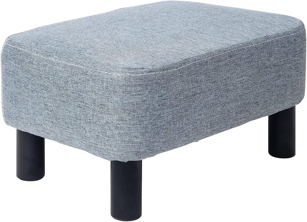 IBUYKE Small Footstool Linen Fabric Pouf Ottoman with Pine Wood Legs Light Grey