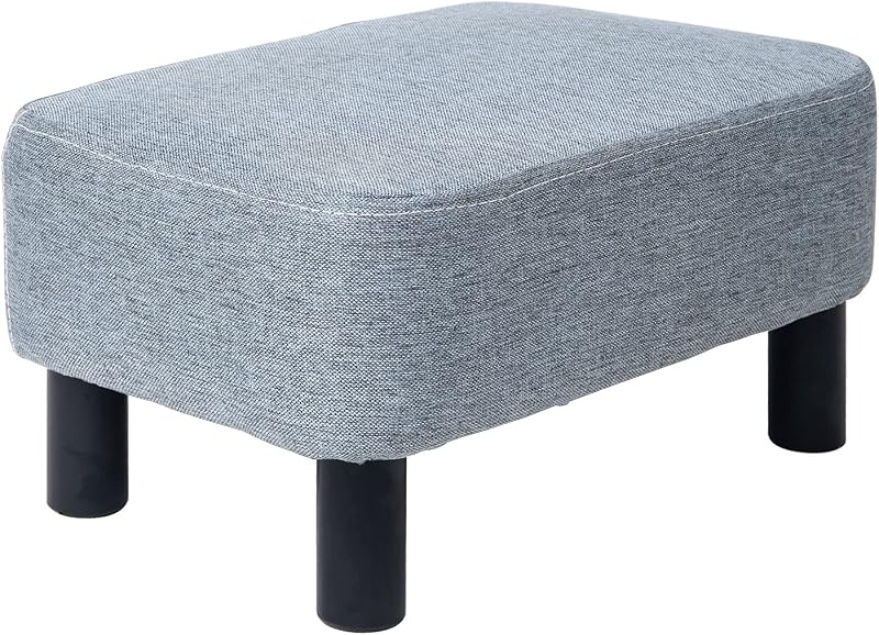 IBUYKE Small Footstool Linen Fabric Pouf Ottoman with Pine Wood Legs Light Grey