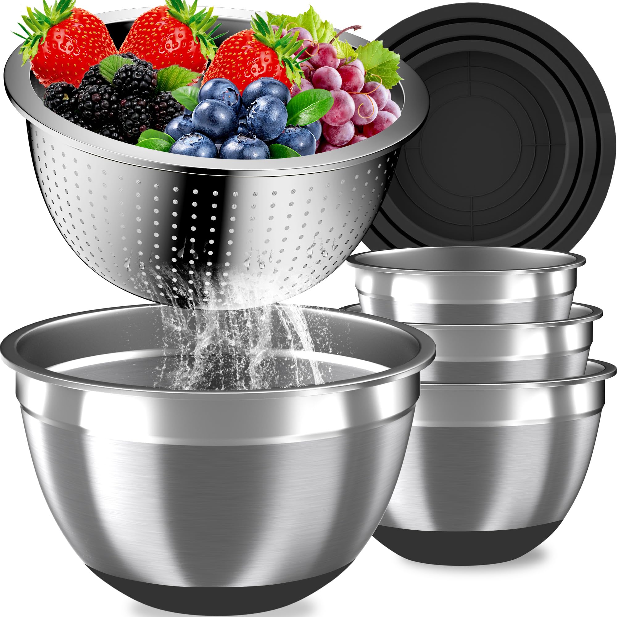 Photo 1 of Mixing Bowls with Airtight Lids Set, 4 Stainless Steel Bowls Nesting Bowls & Colander, Kitchen Organizers and Storage Non-Slip Bottom, Size 1.5/2.0/2.5/4.5QT, Great for Mixing & Serving, Black