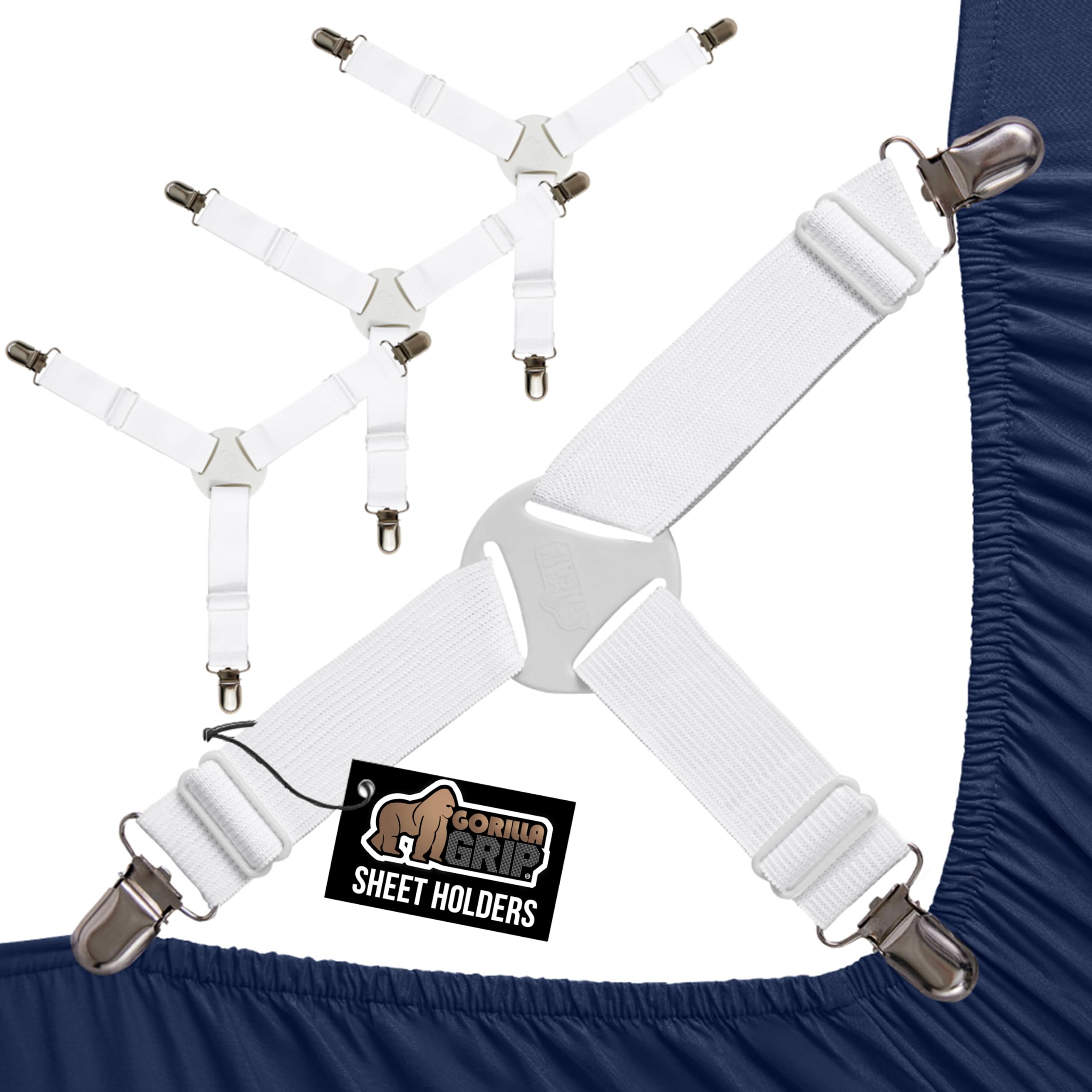 GORILLA GRIP Patent Pending Bed Sheet Holders, Adjustable Elastic Fasteners with Metal Clips, Keep in Place Fitted Bedding Straps, Firm Tight Suspenders for Mattress, US Designed, 4 Pack White