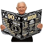 Lovarywow 90th Birthday Card With Envelope - Back in 1936 Birthday Giant Guest Book Gifts for Men Women, Black Gold Happy 90 Ninety Years Old Bday Greeting Card Party Decorations Supplies