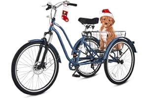 VIRIBUS Tricycle for Adults,7 Speed Adult Tricycle with Front Suspension and Removable Wheeled Rear Basket, 3 Wheel Bike for Adults for Seniors Women Men, Three Wheel Bicycle, 400 lb. 26 inch Blue