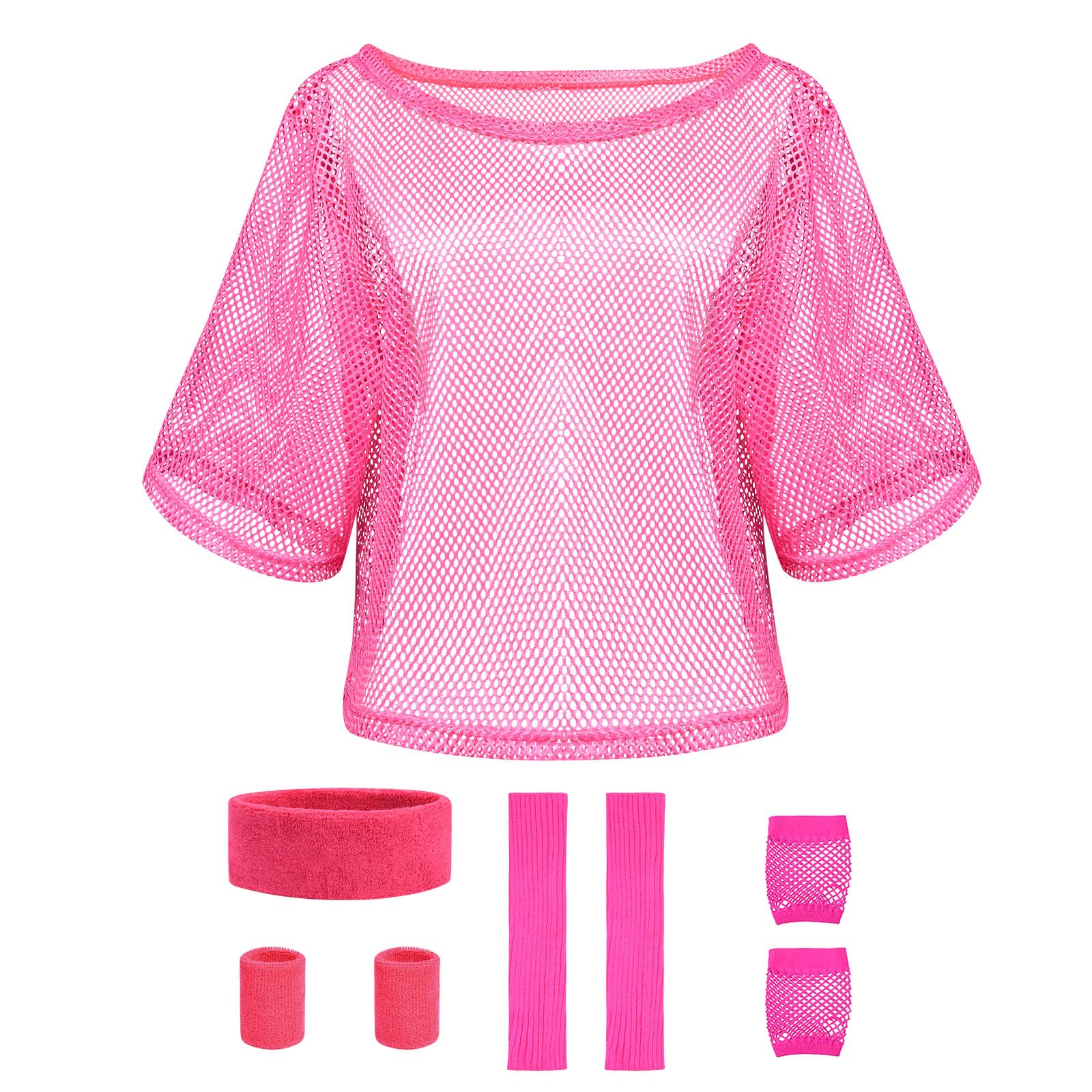 Aomig 80s Neon Fancy Dress Costume Accessories Set, 4 Pcs 1980s Retro Theme Party Decoration Outfit with Neon Fishnet T-Shirt Leg Warmers Fishnet Gloves Headband for Women Girls — image 1