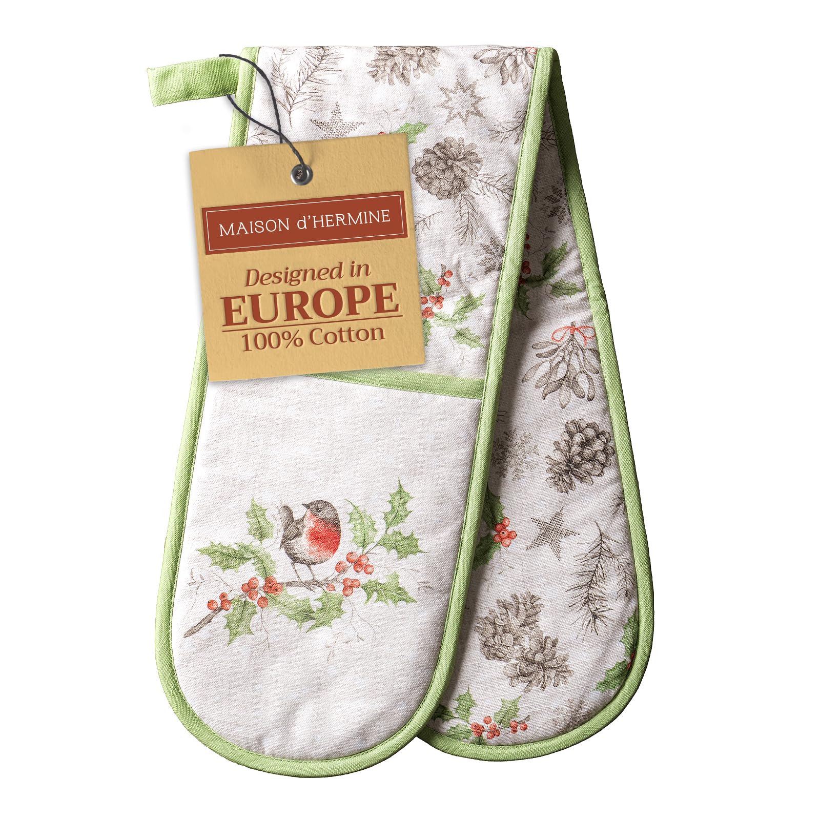 Maison d' Hermine Double Oven Mitt (18 cm x 89 cm) 100% Cotton Heat Resistant BBQ Cooking Gloves with Loop for Christmas Decorations Baking Cooking Barbeque Handling Hot Pan (Christmas Dew)