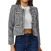 Xaspee Women's Tweed Blazers Cropped Long Sleeve Crewneck Open Front Lace Trim Lightweight Plaid Work Blazer Jackets