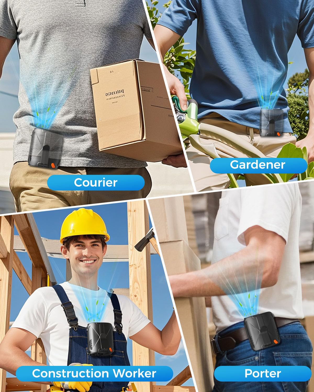 JUANANIUG Portable Waist Fan For Outdoor: Cooling Clip on Belt Fan Under Shirt - Hands-free Design for Construction Workers Gardeners Couriers - Summer Commute Yard Hotplace Essential - Gifts for Men