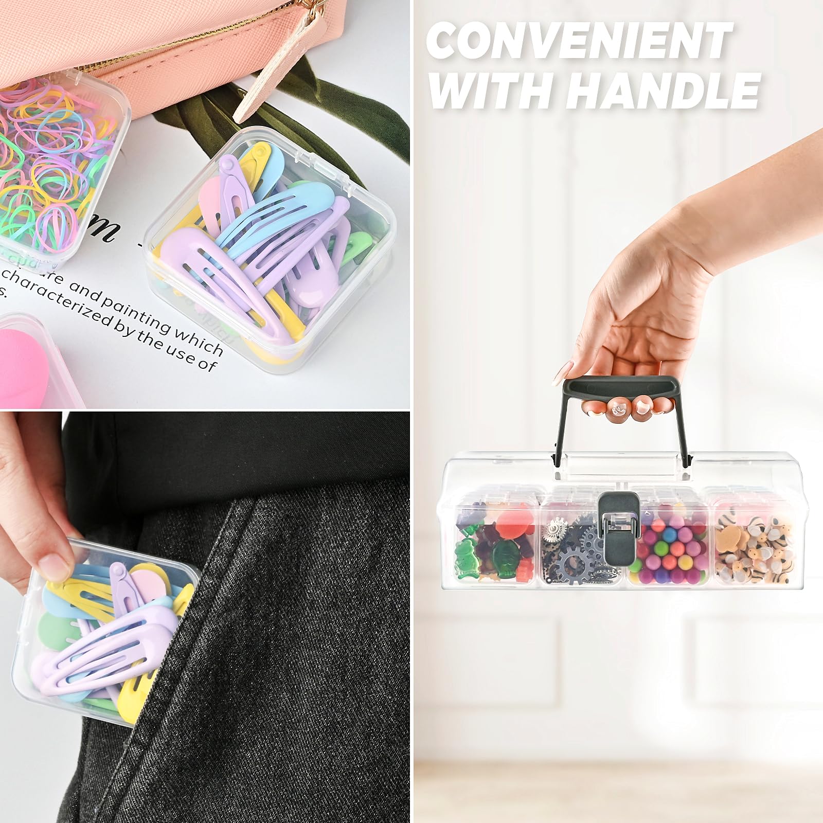 Bead Organizer Box with Handle, 25 Pcs Small Bead Organizers and Rectangle Storage Plastic Cases, Mini Clear Bead Storage Containers Boxes with Hinged Lid