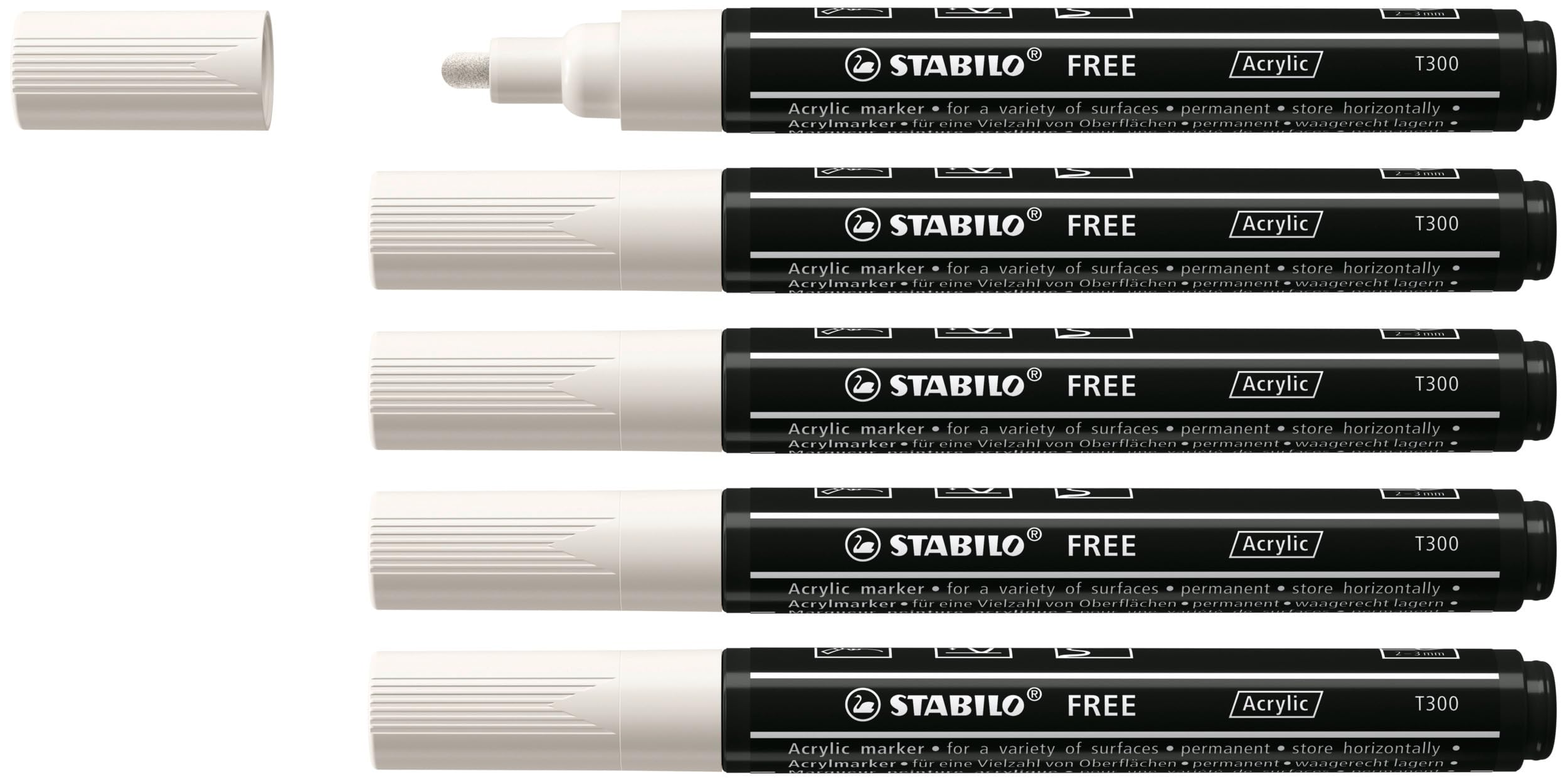 STABILO FREE - Acrylic Marker - ARTY - T300 Round Tip 2-3mm - Pack of 5 - Pure White