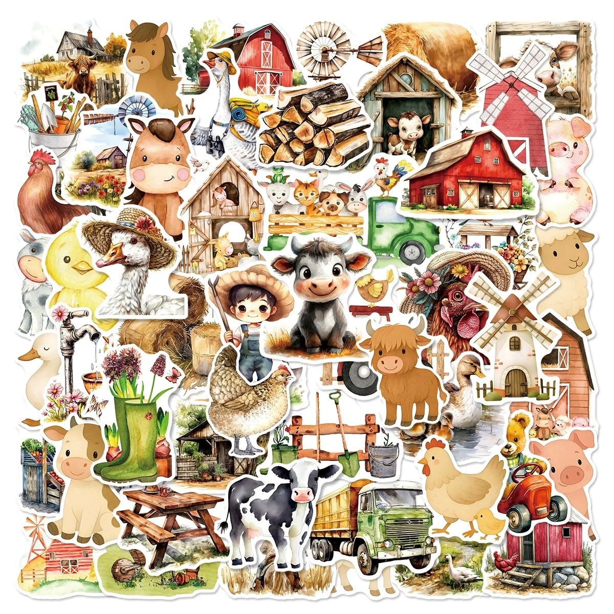 50 Pcs Cartoon Farm Stickers for Kids Teens Adults Boys Girls Gift,Farm Animal Stickers Pack for Laptop,Skateboard,Luggage,Car,Bike,Cup,Computer,Water Bottle Decor,Vinyl Waterproof Decals โ image 1