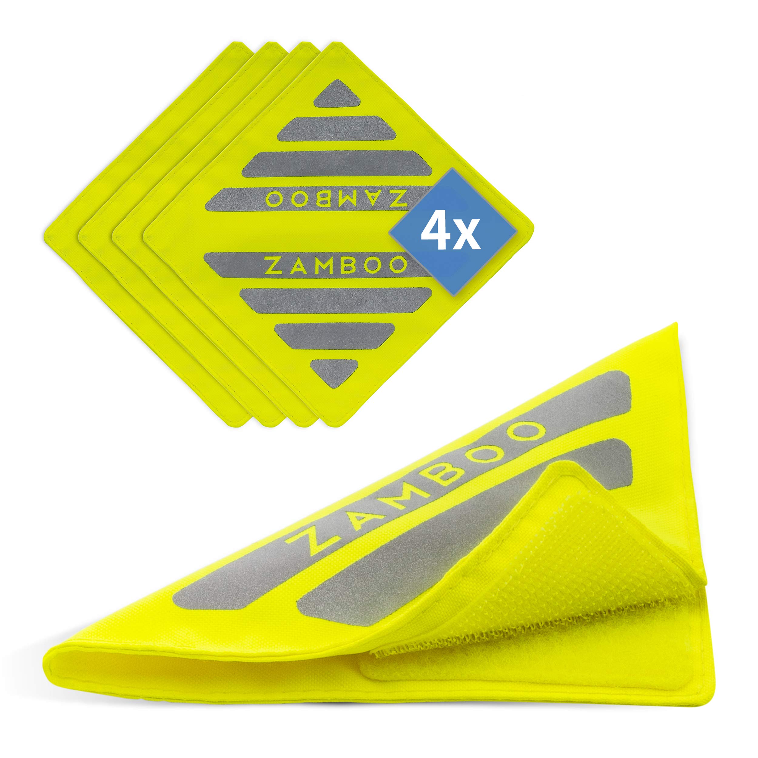 Zamboo - 4 Pack Pram Reflectors/Reflective Safety Accessory for Stroller, Bicycle, Bike Trailer, School Bag, Backpack and More - Neon Yellow