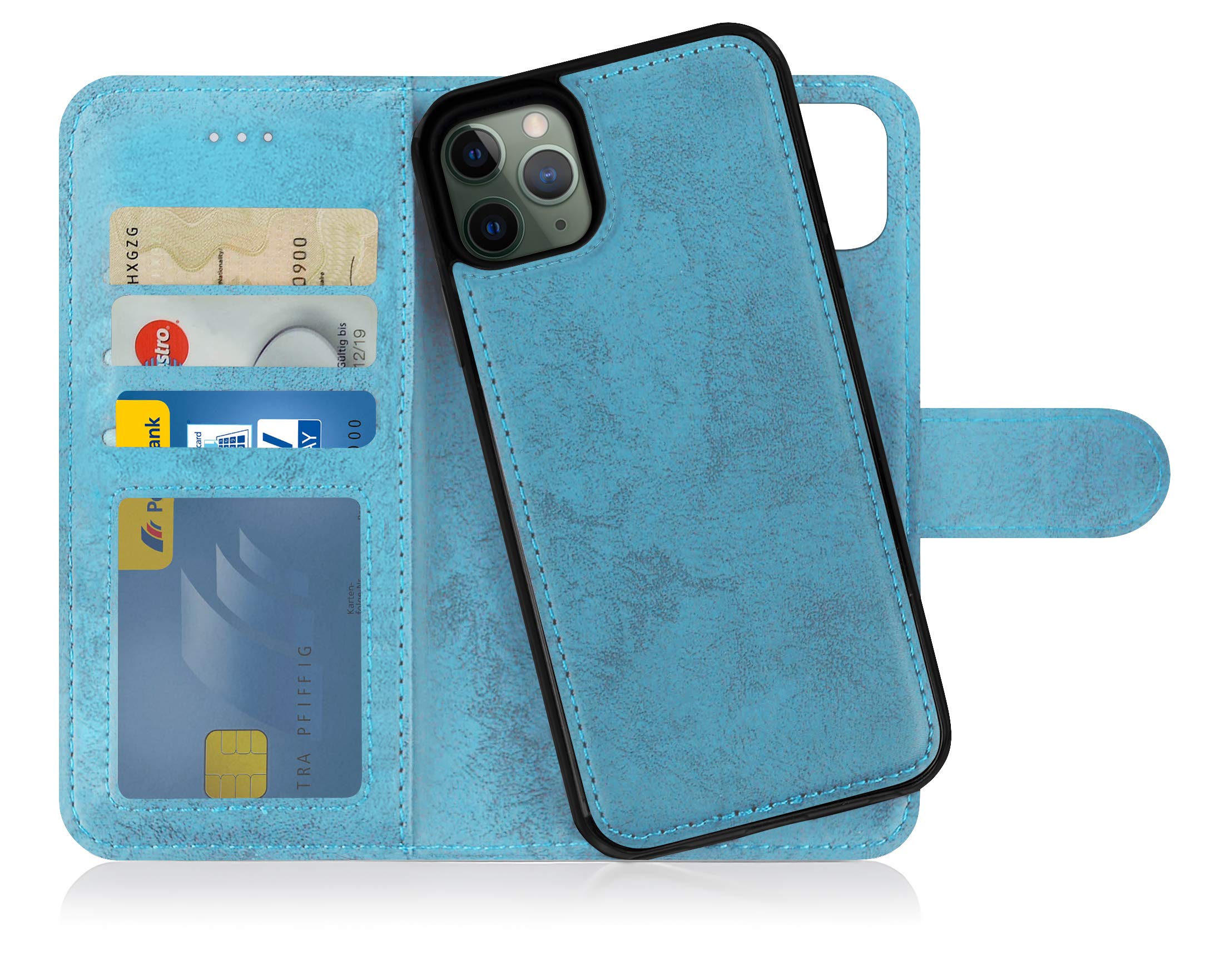 MyGadget Flip Case for iPhone 11 Pro Max - [ Removable Magnetic Cover ] - PU Leather Phone Case - [ Cover with Card Slot ] Protective Shell in Light Blue