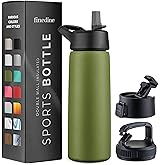 FineDine Water Bottle - Stainless Steel Insulated Water Bottle with Straw Lid, Flip Lid & Wide-Mouth Cap - Keeps Hot and Cold - 25 Oz / 739ml - Army Green