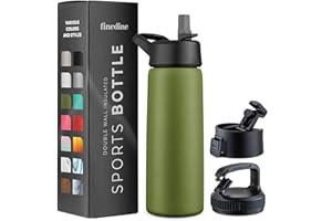FineDine Water Bottle - Stainless Steel Insulated Water Bottle with Straw Lid, Flip Lid & Wide-Mouth Cap - Keeps Hot and Cold