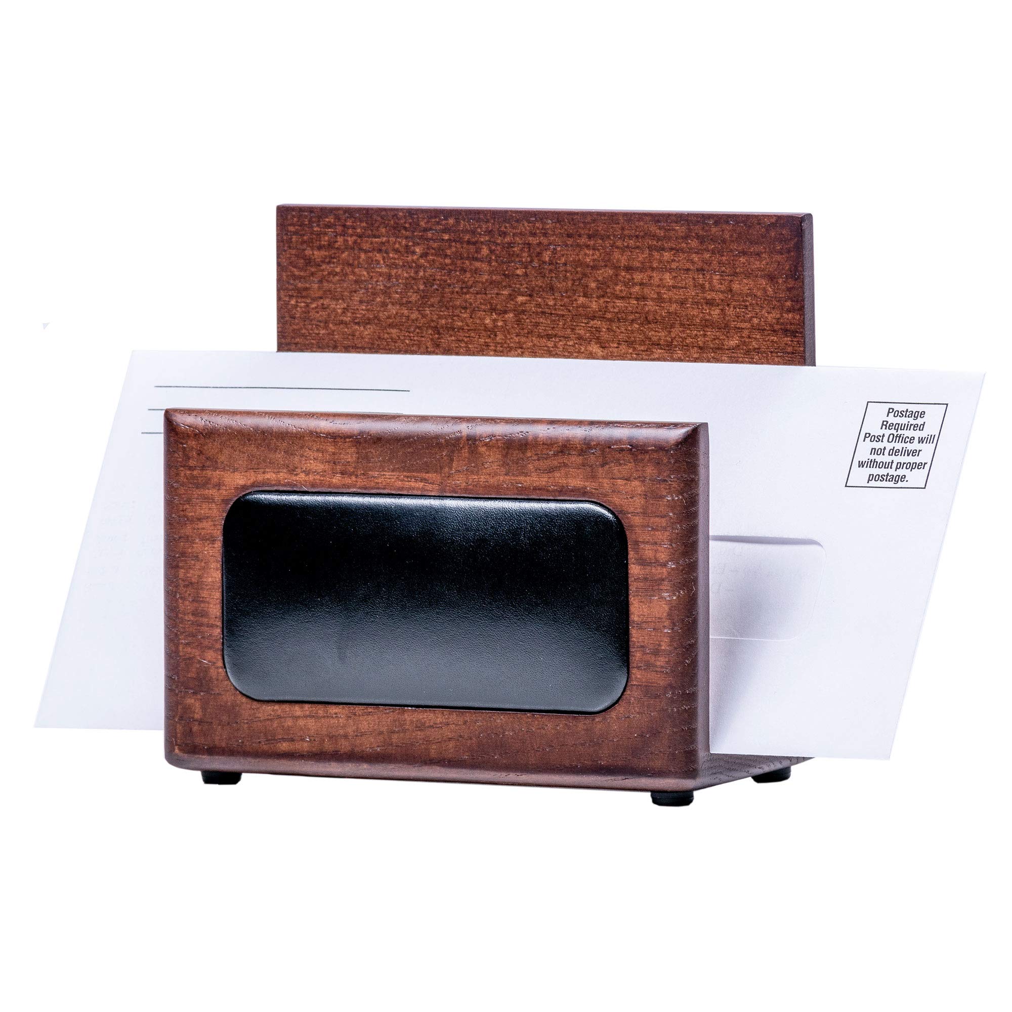 Dacasso Letter Holder, Wood, Walnut and Black Leather, 13.97 x 7.29 x 12.7 cm
