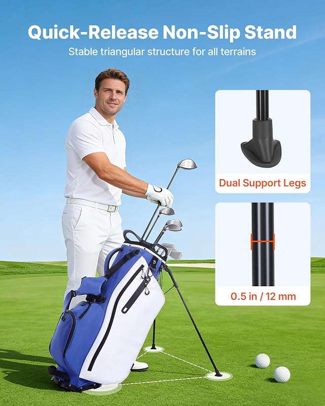 Sac de Golf pour Chariot Voiturette, Sac de Clubs de Golf Trépied 7 Compartiments Supérieurs, pour Golfette Golfeurs, avec Séparateur sur Toute la Longueur, Double Bandoulière et Housse de Pluie