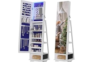 Dystler 360° Swivel Jewelry Cabinet with LED Light - Rotatable Standing Full-Length Mirror with Storage and Drawer, Lockable Jewelry Armoire Organizer for Girls/Women Gifts, White