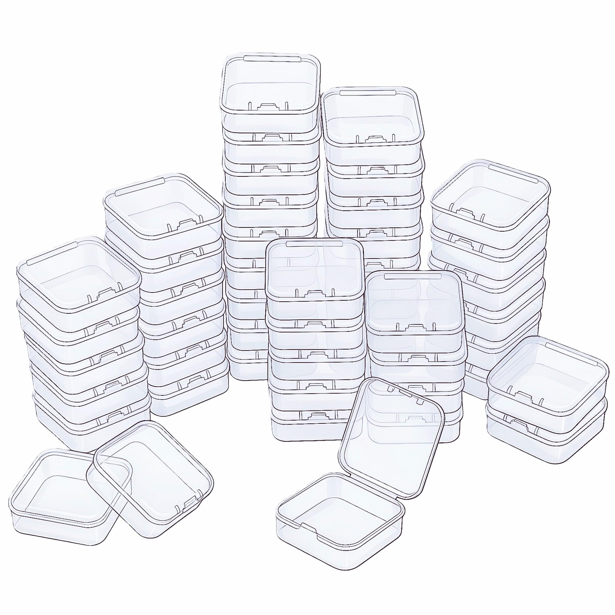 LJY 48 Pack White Transparent Mini Plastic Box with Hinged Lid, 5.5 x 5.5 x 2 cm - Square Small Storage Boxes for Beads, DIY Craft Storage and Hardware Organiser