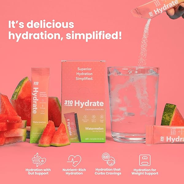 310 NUTRITION SUGAR FREE ELECTROLYTES POWDER – INSTANT HYDRATION PACKETS FOR DAILY FLUID BALANCE – CAFFEINE-FREE REHYDRATION DRINK MIX W/ VITAMINS, LOW CALORIE & KETO FRIENDLY – WATERMELON 30 SINGLES