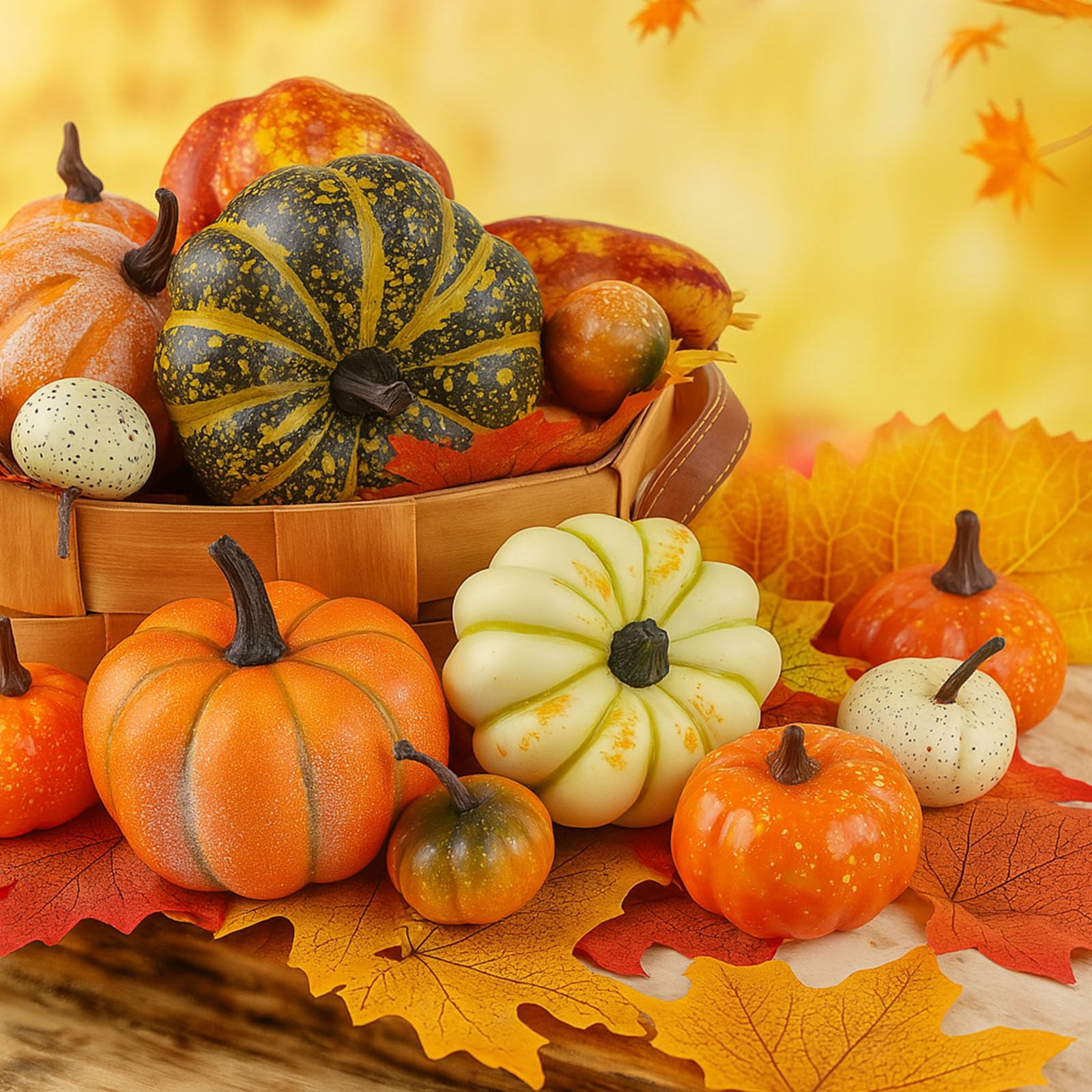 Photo 1 of HAKACC 14 PCS Artificial Mixed Pumpkins for Decorating, Fake Pumpkins with 30PCS Fake Maple Leaves Thanksgiving Fall Harvest Decorations for Home, Fall Table Decor