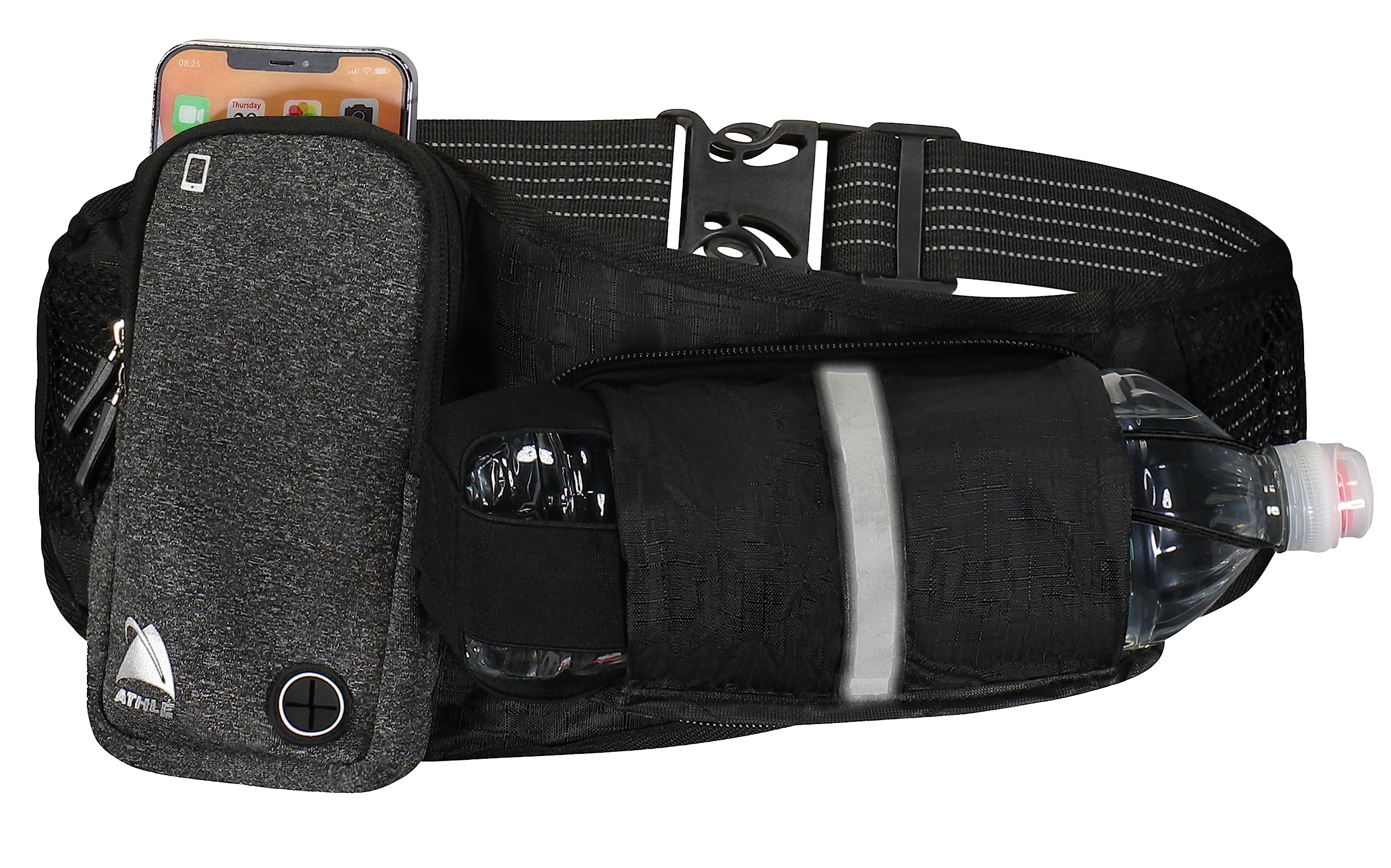 Athlé Running Belt – Horizontal Water Bottle Pouch, Large Fanny Pack Pocket Fits All Phones and Wallet, Adjustable One Size Fits All Waist Band, Key Clip, 360° Reflective (Black)