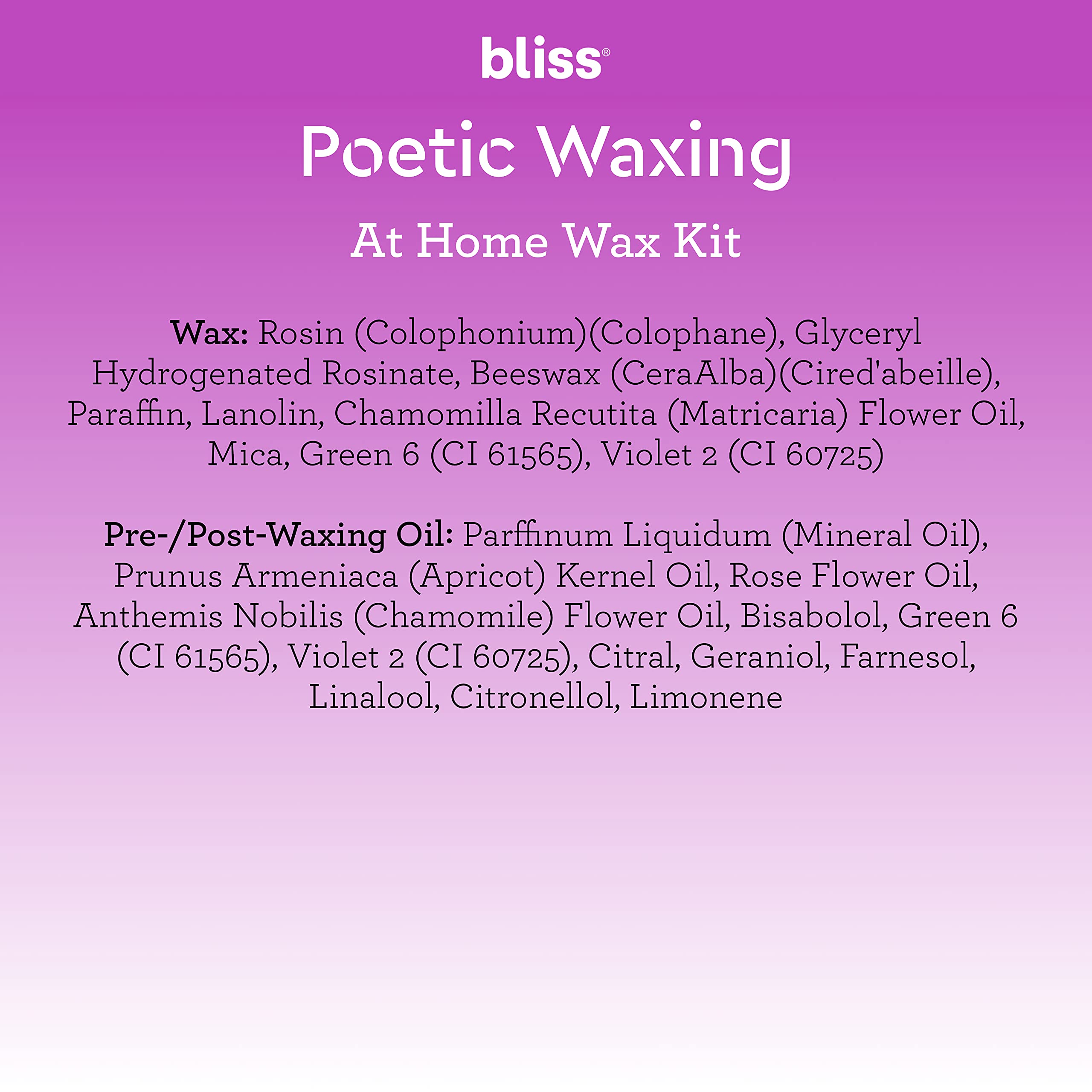 Bliss Poetic Waxing At Home Wax Kit - 5.3 Fl Oz - Microwavable Stripless Wax Hair Removal Kit - Fragrance Free - Safe for All Skin Types - 6 PC Set