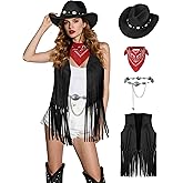 CICOCI Western Outfits for Women With Cowboy hat Cowgirl Costume Tassel Sleeveless Vest Halloween Costume Full Set