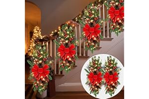 Lyrow 2 Pack Christmas Artificial Swags 24" Xmas The Cordless Prelit Stairway Swag Teardrop Trim Wreath Door Stair Garland Christmas Wreath for Outdoor Home Garden Decor (Red Ribbon)