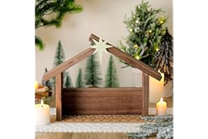 Wesiti Christmas Wooden Nativity Manger Wood Nativity Scene with Roof Star 14.5 x 10.5'' for Inside 7 Inch Scale Holy Family Wooden Stable Creche Home Desk Decor (Without Figurines)