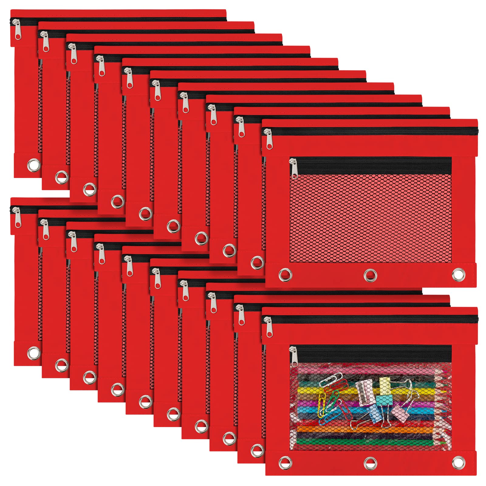 IKAYAS 20Pcs Pencil Pouch Red Binder Pencil Pouch with Zipper, 3 Ring Binder Pencil Pouch Bags for Classroom Bulk Pencil Pouch Box Pencil Case for Storing School Teacher Supplies โ image 1