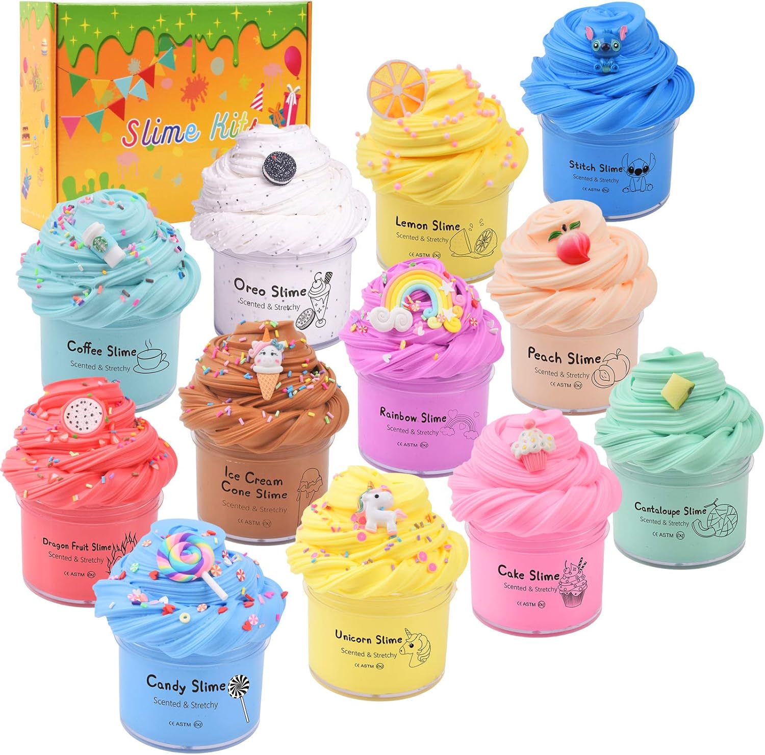 12 Pack Butter Slime Kit, with Unicorn, Stitch, Rainbow