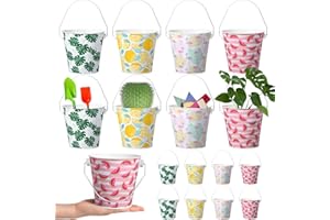 NINEHAOOU 16 Pcs Small Metal Beach Bucket Sand Bucket 4.4 x 5.4 x 6.4 Inches Hawaiian Mini Drink Bucket with Handles for Summer Beach Theme Birthday Party Favors(Fresh)