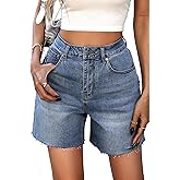 ELLEVEN Women's Raw Hem Jean Shorts, Wide Straight Leg Mom Denim Shorts