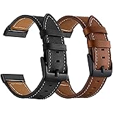 LDFAS Leather Band Compatible for Fitbit Sense 2 /Versa 4 Bands, (2 Pack) Women Men Accessory Watch Strap with Black Metal Buckle Compatible for Fitbit Sense, Versa 3 Band, Brown+Black