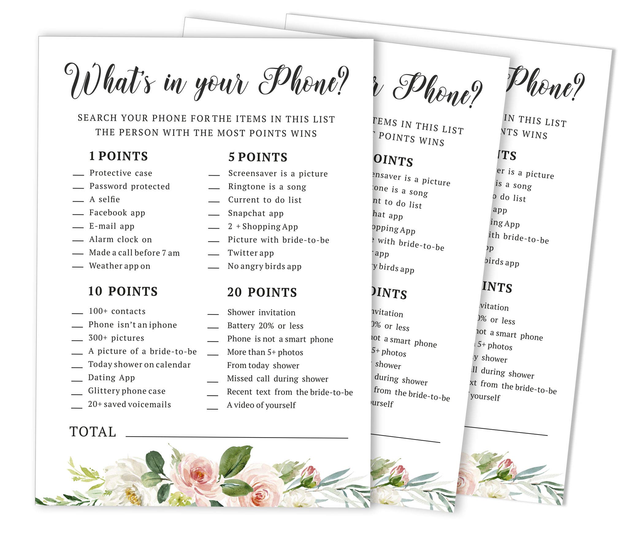 Inkdotpot 50-Pack Floral Brunch & Bubbly Whats on Your Phone Bridal Shower Game Wedding Shower Bachelorette Party Bulk Activity Game cards