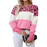 Libsorge Womens Oversized Cute Color Block Leopard Sweater Fall 2025 Trendy Ladies Dressy Causal Knit Boat Neck Pullover Top