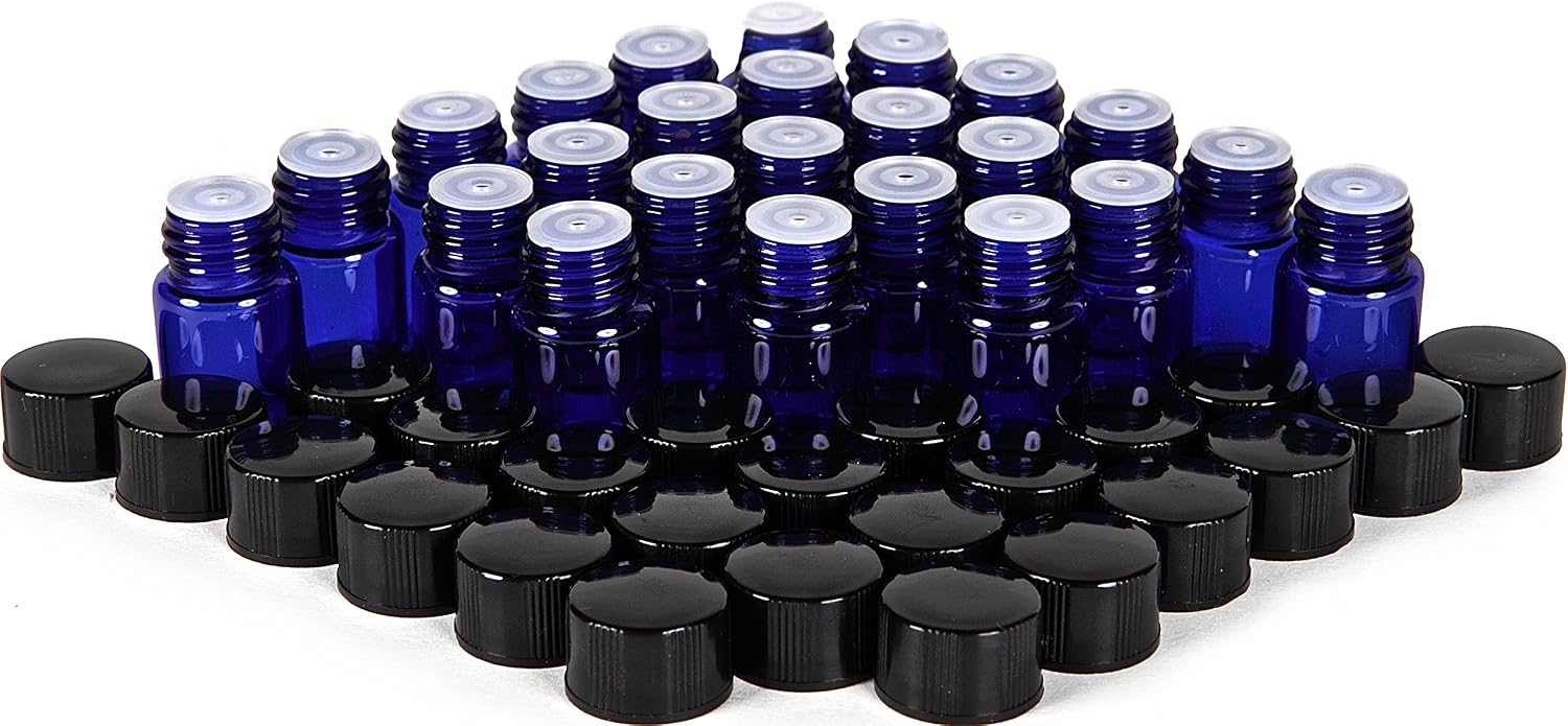 Vivaplex 24, Cobalt Blue, 2 Ml (5/8 Dram) Glass Bottles, With Orifice Reducers And Black Caps